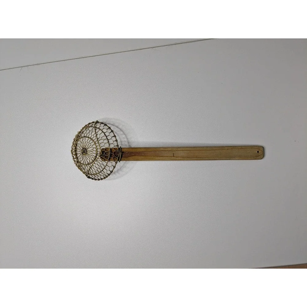 Handmade Wire Spider Strainer – Stainless Basket & Long Wood Handle Skimmer